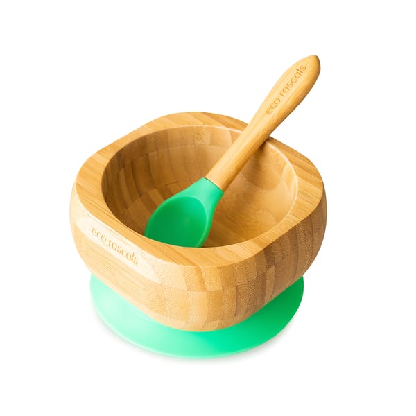 Organic Bamboo Suction Bowl with Spoon - Green