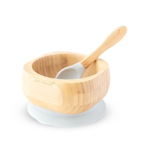 Organic Bamboo Suction Bowl with Spoon - Grey