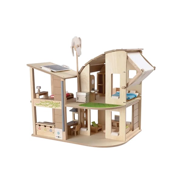 Eco-friendly Wooden Green Dollhouse with Furniture